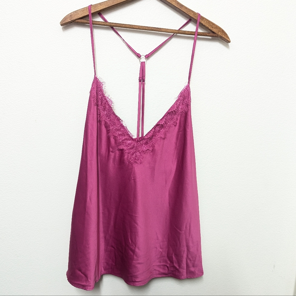 Fredericks of Hollywood Strappy Tank Top 2X Fuchsia Racerback Lace Satin Purple